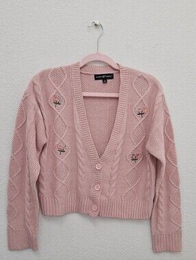 Almost Famous Blush Pink Cable Knit V-Neck Cardigan with Floral Embroidery